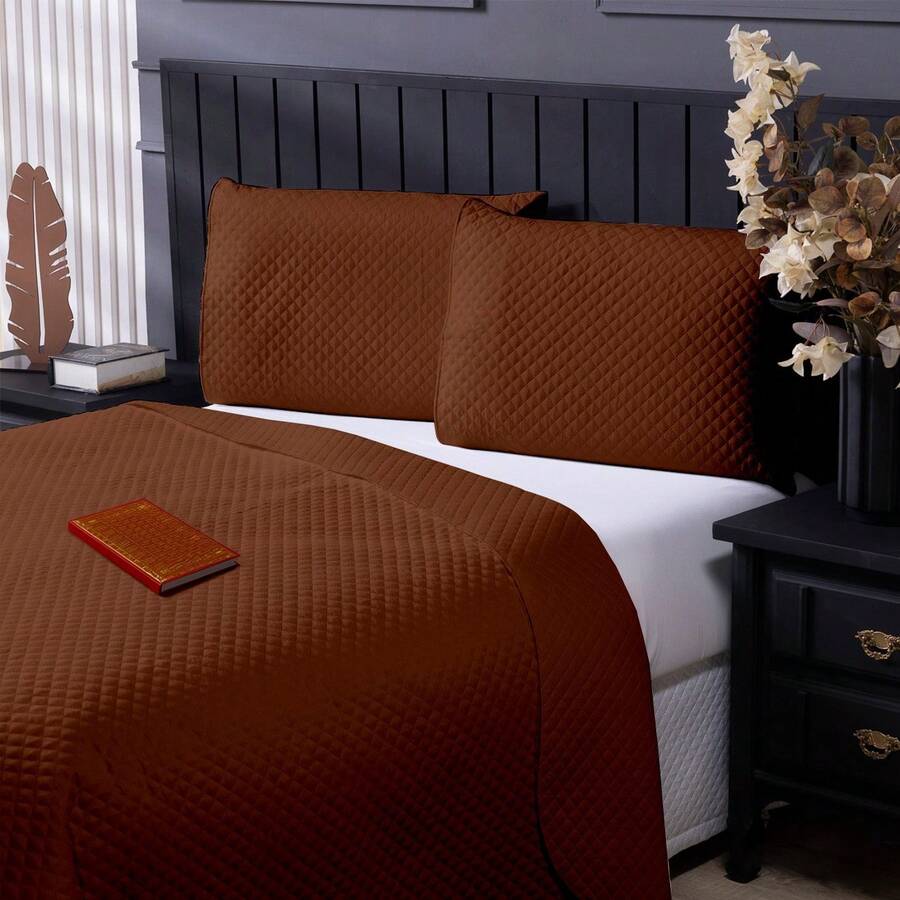 3 Piece Quilted Bedspread Ultrasonic Premium Double And Queen Bedspread 100% Polyester - 鏽棕色 - 查看 1