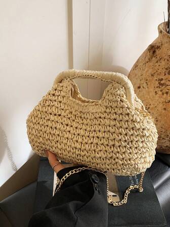 1pc Woven Straw Handbag For Women, Hollow Out Design Outdoor Travel Chain Shoulder Crossbody Bag