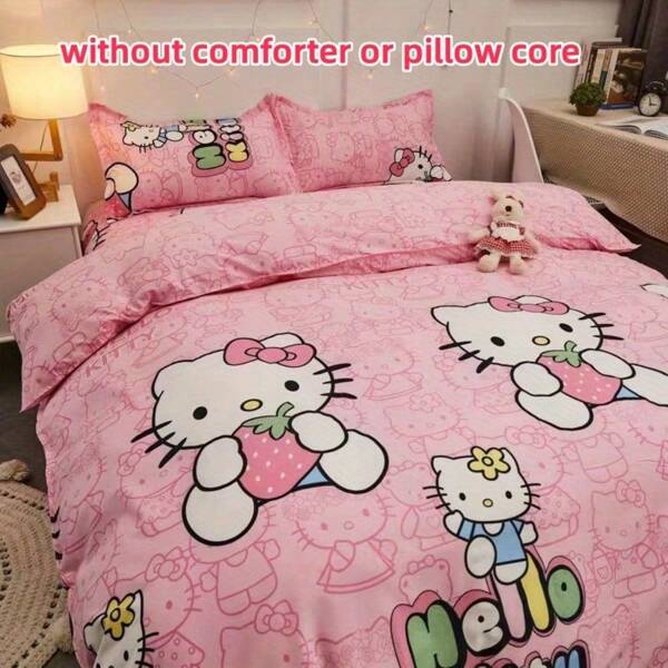 Sanrio Sanrio 4-teiliges Hello Kitty Bettwäscheset, niedliche cartoon Schlafzimmer Bedarf - 1 Stück Bettbezug, 2 Stücke Kissenbezüge, 1 Stück Spannbettlaken - weich und strapazierfähige Bettwäsche für Mädchen Schlafzimmer Cartoon, Studentenwohnheim, Geburtstagsgeschenk Bettbezug, Kissenbezüge, Spannbettlaken