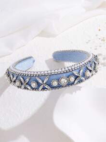 1pc Women's High-Quality Elegant Versatile Baroque Style Rhinestone Embellished Blue Headband, Luxurious Palace Style Wide Sponge Headpiece, Suitable For Festivals, Parties, Daily Use And Gifts, Hair Band, Hair Hoop, Hairband For Women, Autumn Outfits