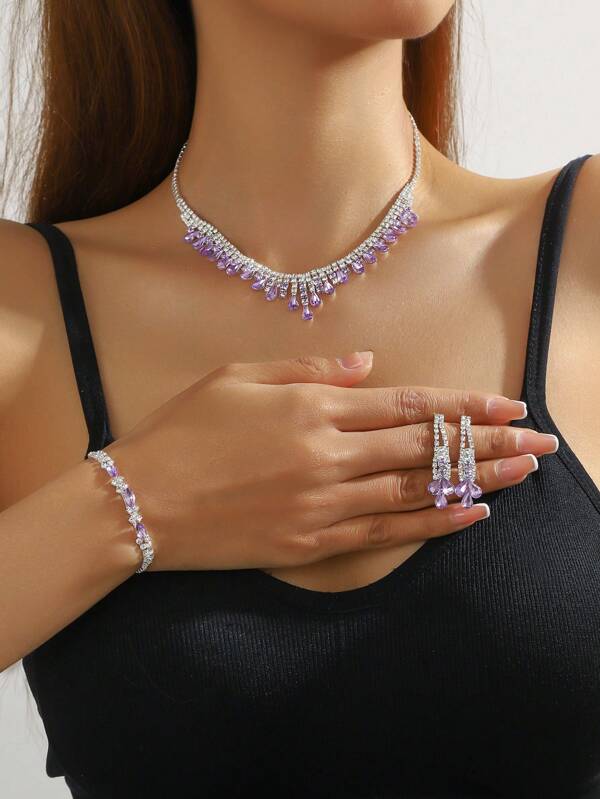 Exquisite Necklace, Earring, Bracelet Set, Luxury Style Bridal Wedding Jewelry, Purple Teardrop Necklace, Fashion Ladies Accessories Suitable For Wedding, Party, Holiday Gifts