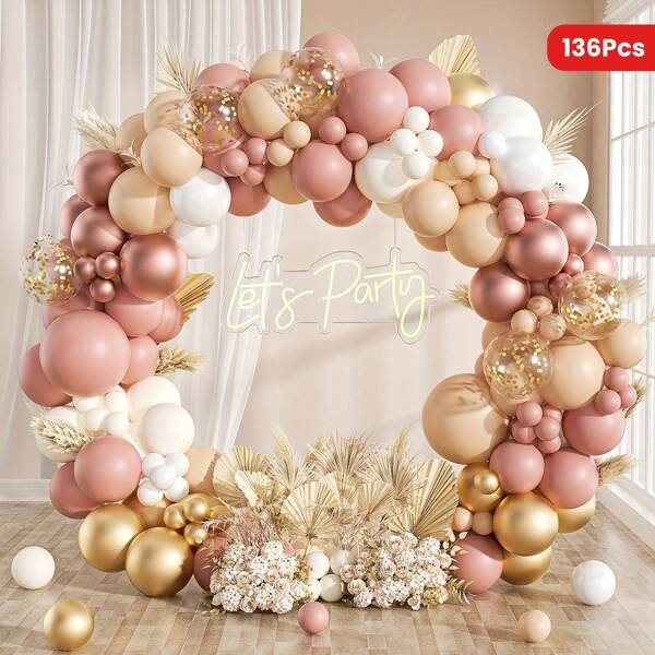 136pcs Bohemian Balloon Arch Garland Kit, Mixed Colors Of Latex Balloons Including Grey, Pink, Ivory, White, Rose, Gold, Suitable For Bride, Birthday, Wedding, Engagement Party Decoration, No Power Required