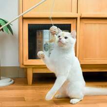 1 pieza Vara de juguete de madera con cascabel de ratón para gatos, juguete interactivo para gatos