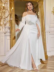 Robe de soirée de luxe à col asymétrique, manches longues et ourlet drapé avec ornements UNITHORSE. Robe de mariée, tenue d'anniversaire pour femme, robe de remise des diplômes, robe de cérémonie, tenue pour soirée tout en blanc pour femme