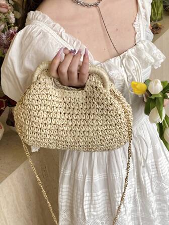 1 pièce Sac à main en paille tressée pour femmes, sac à bandoulière croisé de voyage de plein air à design ajouré