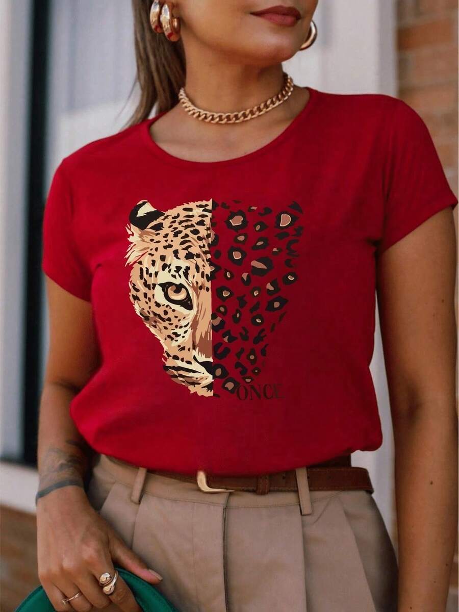 Unisex Leopard Print Oversized Cotton Short Sleeve T-Shirt - Redwood - View 1