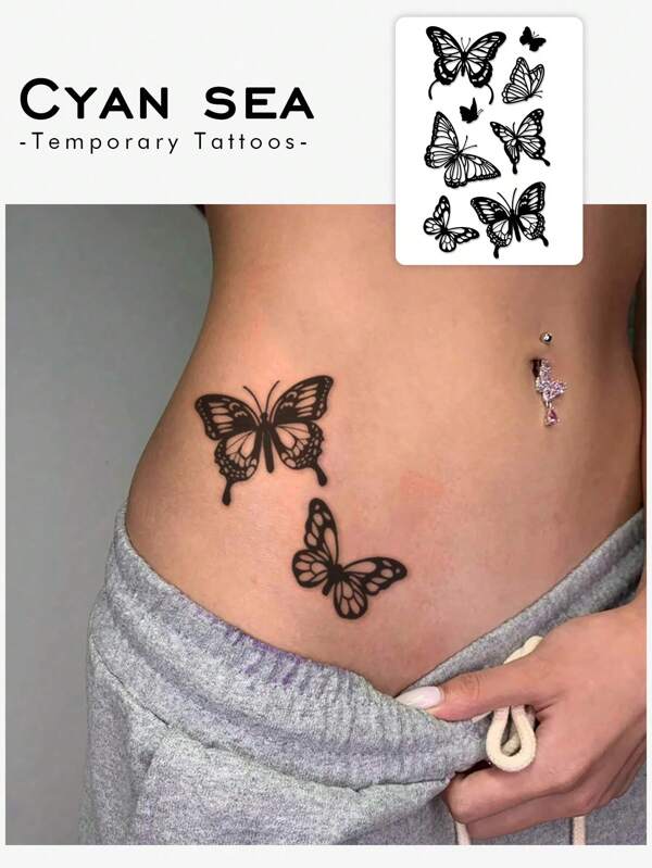 1 folha de adesivo temporário de tatuagem de borboleta com tinta preta estilo Y2K, à prova d'água e suor, lavável, parece tatuagens reais, adequado para pessoas da moda, braço/ombro