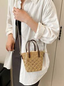 度假编织镂空沙滩手提包，时尚迷你链条斜挎抽绳水桶小包 - 卡其色 - 查看 4