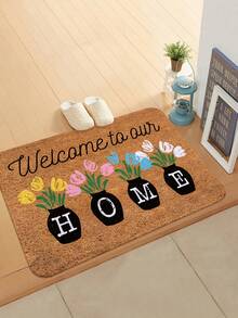1pc Flower & Text Printed Doormat, Soft Coral Velvet Rectangular Non-Slip Absorbent Mat, Suitable For Entryway, Bedroom, Home Use - Multicolor - View 8