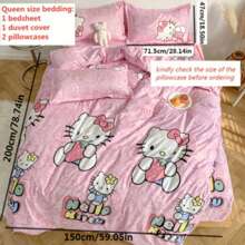 Sanrio Sanrio 4pcs Hello Kitty Bed Sheet Set, Cartoon Cute Bedroom Supplies - 1pc Quilt Cover 2pcs Pillow Covers, 1pc Bed Sheet - Soft And Durable Bedding For Bedroom Cute Pink Girl Cartoon Bedding Student Dormitory Accommodation Birthday Gift Quilt Cover Pillow Cover Bed Sheet