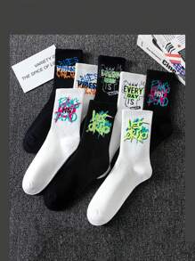 5 pares aleatorios de calcetines multicolor con diseño de graffiti para hombre, cómodos y versátiles, se pueden usar en todas las estaciones, calcetines nuevos