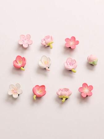 11pcs Cute Cherry Blossom Floral Decor, Fashionable & Delicate Accessories, Student DIY, Suitable For Holiday Party, Wooden Clogs, Decor For Bags & Clothes