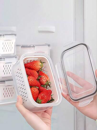 Juego de 6 piezas (2 recipientes + 2 cestas de drenaje + 2 TAPAS) Caja de almacenamiento de alimentos con función de drenaje, conjunto de caja de almacenamiento respirable, cesta de almacenamiento apilable con tapa para frutas, verduras, carnes, almacenamiento de alimentos, caja de almacenamiento de alimentos de cocina