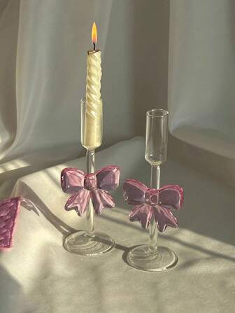 1 pieza Candelabro de vidrio con lazo rosa al estilo Ins, soporte de vela de cena nacarado romántico, centro de mesa para hogar/comedor, decoración de fiesta/cumpleaños