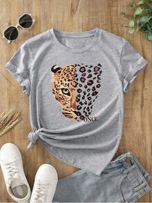 Unisex Leopard Print Oversized Cotton Short Sleeve T-Shirt - Grey - View 2