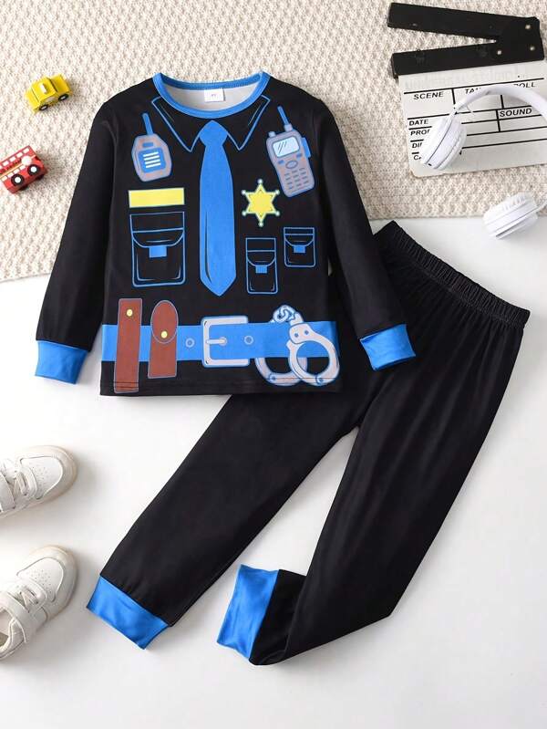 2pcs Set Toddler Boys Police Uniform Graphic Print Long Sleeve Top And Pants Pajama Set