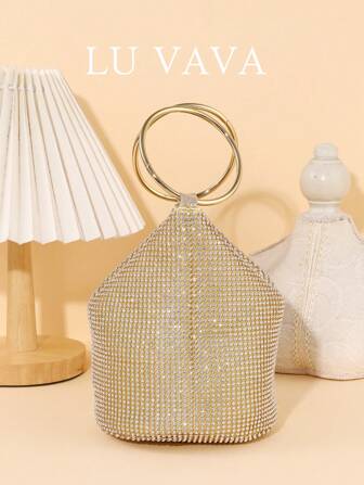 LU VAVA 闪亮铝底水钻钩针金色手拿包 | 双弧形金属手柄 | 华丽包 | 手机必备品支架 | 婚礼/派对/舞会晚宴钱包，适合新娘和 VIP 女孩​​