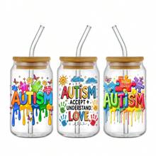 4pcs Autism Awareness UV DTF Stickers Set, Self-Adhesive Waterproof Scratch-Resistant Decals For 16oz Glass Jars, Mugs & DIY Crafts - Vibrant Designs With Autism Symbols & Inspirational Messages