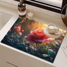 1pc Floral Pattern Coffee Machine Dish Drying Mat - Diatomite Print Draining Pad, Kitchen Counter Mat, Utensil Mat - Soft Diatomite Material Suitable For Kitchen Counter, Applicable For Coffee Machines, Espresso Makers, Etc. - HQQLSD173 - View 6