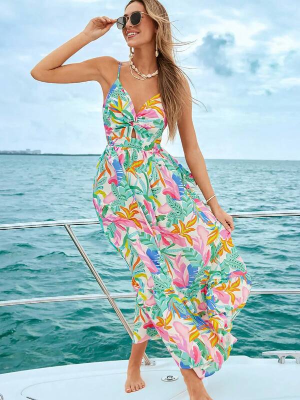 Women's Summer Vacation V-Neck Twist Back Sleeveless Digital Print Dress With Adjustable Tie-Back Details