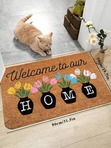 1pc Flower & Text Printed Doormat, Soft Coral Velvet Rectangular Non-Slip Absorbent Mat, Suitable For Entryway, Bedroom, Home Use - Multicolor - View 3
