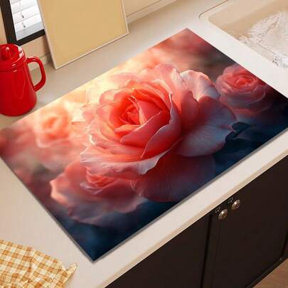 1 pieza Estera para secar platos con estampado floral para máquina de café - Almohadilla de goteo con estampado de diatomita, Alfombra para encimera de cocina, Alfombra para utensilios de cocina - Estera para secar platos, Diatomita suave apta para encimera de cocina, Adecuada para máquinas de café, máquinas de espresso, etc.