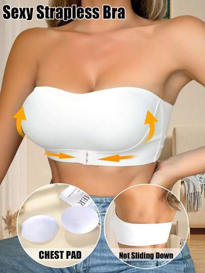 Women Front Closure Strapless Bra Push Up Removable Padding Wireless Sexy Bandeau Tube Bra Comfort Tube Top Adjustable Anti Slip Rubber Strips Intimates Lingerie Black Basic Breathable Fabric Women Underwear ﻿ ﻿
