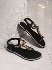 New Fashion Women Round Toe Flat Sandals, Elastic Band, Elegant, Comfortable, Versatile, Rhinestone Decor, Party Sexy