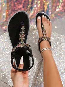 New Fashion Women Round Toe Flat Sandals, Elastic Band, Elegant, Comfortable, Versatile, Rhinestone Decor, Party Sexy