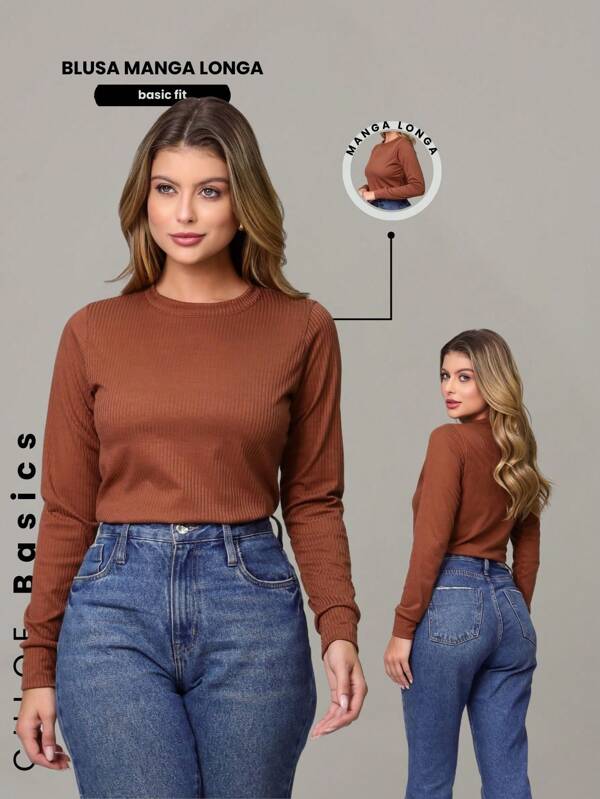 Blusa Feminina Básica Marrom Manga Longa Dia a Dia Todas Ocasiões Inverno