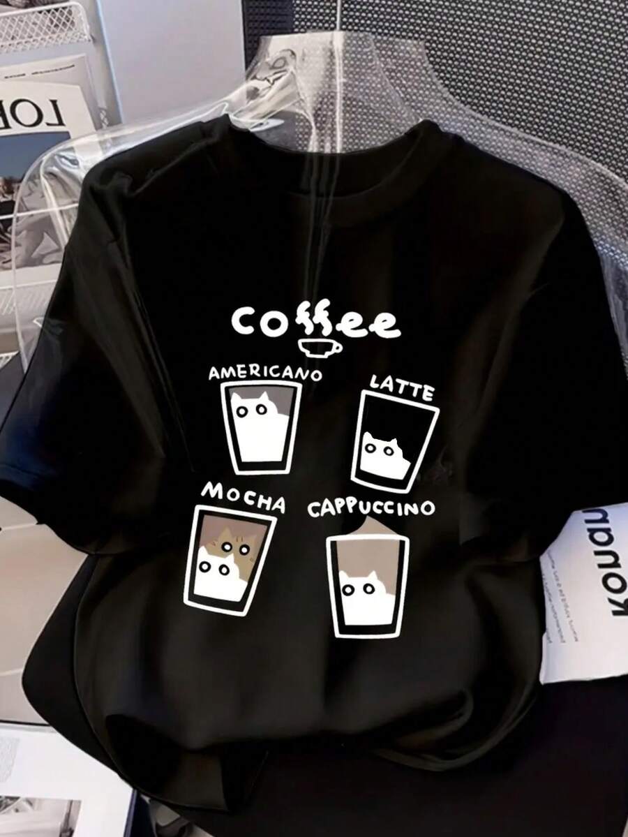 日系女式休闲宽松圆领可爱卡通印花短袖T恤，春夏款，黑色 - 黑色 - 查看 1