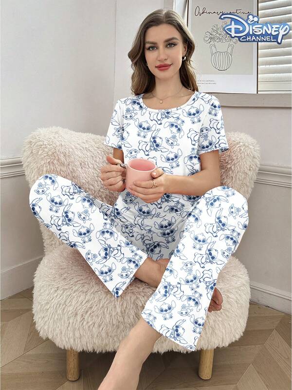 2pcs Disney Stitch Cartoon Print Milk Silk Cute & Versatile Short Sleeve Top And Elastic Waist Pants Women Pajama Set