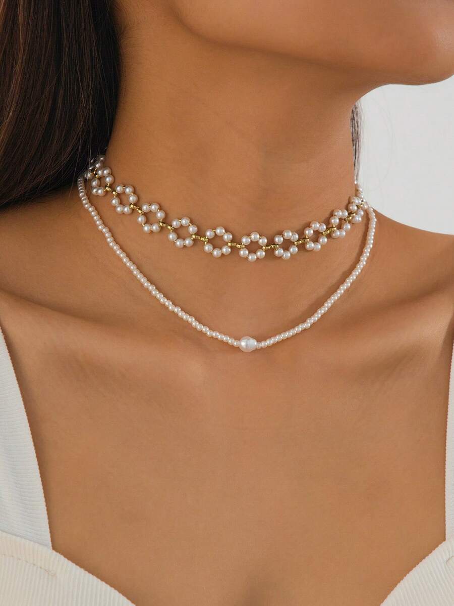 2pcs Elegant Romantic Retro Faux Pearl Flower Design Multi-Layer Necklace Set - Pearl White - View 1