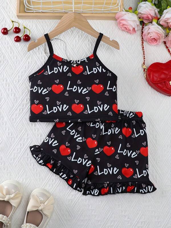2pcs/Set Young Girl' Fashion Heart Print Knit Camisole Top And Shorts Set, Suitable For Summer