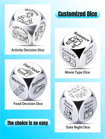 Personaliseer grappige beslissers, geluksdobbelstenen, voedseldobbelstenen, filmdobbelstenen, activiteitendobbelstenen, beslissingsdobbelstenen, roestvrij staal, geschenkdoos + opbergzak, 2 cm/7,9 inch en 1,6 cm/6,2 inch, cadeaus voor hem of haar, ideeën voor een date night met je man of vriend, geschikt voor Valentijnsdag, verjaardagen, jubilea en Kerstmis, enz.