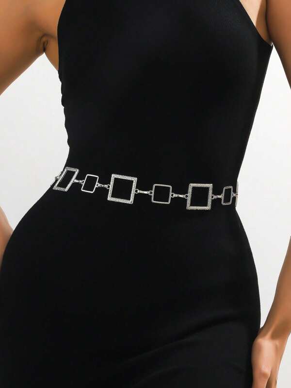 Women's Square Metal Waist Chain, Hollow Floral Design Waist Belt Decorations, Minimalist