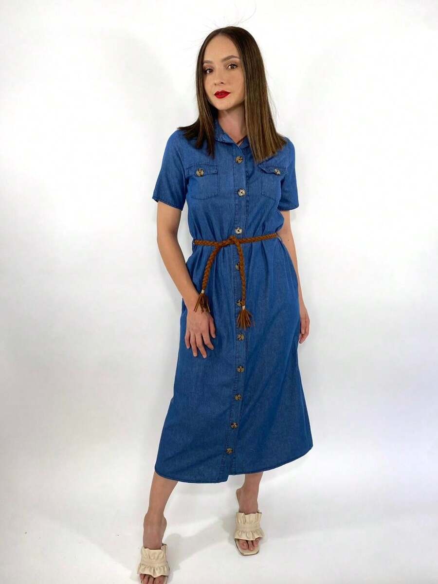 Vestido largo Liso Casual Cinturón - Azul - Ver 1