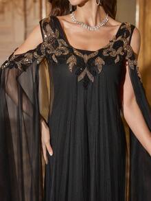SUPGIR Elegantes Umstands-Abendkleid für Damen mit quadratischem Ausschnitt, fließenden Ärmeln, Perlenbesatz und Tüll, doppelseitig - Schwarz - Übersicht 5