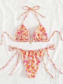 Women's Summer Ditsy Floral Sexy Halter Strap Bow Bikini Two Pieces Swimwear Beach Holiday Set
