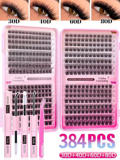 384件套睫毛嫁接套装，DIY睫毛嫁接套装，单根睫毛簇套装，D型卷翘睫毛嫁接套装，包含胶水、封层剂和睫毛嫁接工具，适合日常使用、派对、旅行，或作为礼物送给家人和朋友。