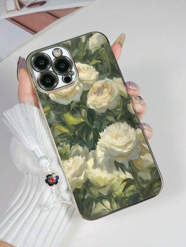 1pc White TPU Electroplated Classic Oil Painting Floral Pattern Shockproof Phone Case And 1pc White Tassel Enamel Hanging Charm, Compatible With IPhone, Android Phones Like , OPPO, Compatible With IPhone 15 Pro Max, A14, A54, A52, A31 4G, A23, Redmi Note 8 Pro, 11 Pro 4G, 12 4G, OPPO A54