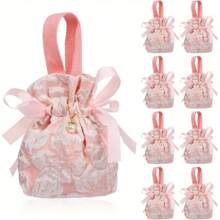 10pieces Small Floral Gift Bags, Canvas Pink Gift Bags, Tea Party Favor Bags With Handle, Mini Drawstring Treat Gift Pouches For Bridal Shower, Birthday, Wedding