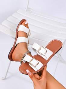 Sandales plates avec boutons pour grandes tailles pour femmes, sandales de plage rétro à bout ouvert