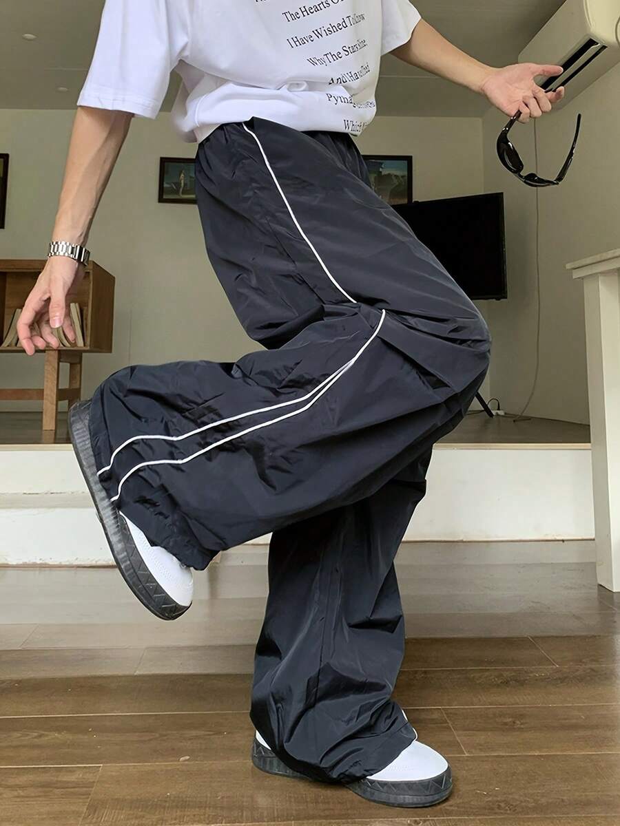 Men's Loose Straight-Leg Pants With Side Stripe Design - Available In A Variety Of Colors. They Are Stylish And Casual, Breathable And Comfortable. - 藏蓝色 - 查看 1