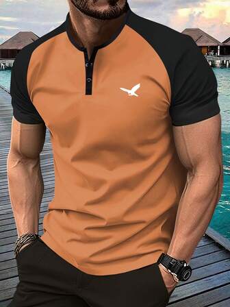 تي شيرت رجالي قصير الأكمام من طراز هنلي نقش نسر أمريكي كلاسيكي فضفاض حجم كبير ملابس رياضية كاجوال أزرق نصف أكمام