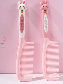 2pcs Soft & Cute Cartoon Rabbit Handle Combs, Plastic Hair Brush For Women, Smooth & Detangling - Pink - View 10