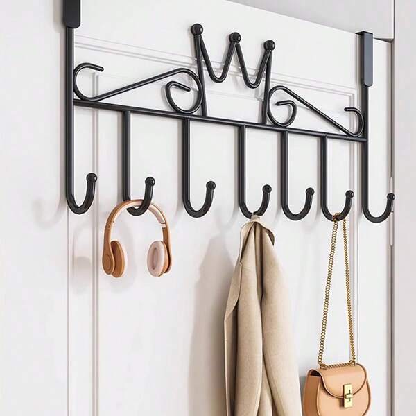 1pc Door Hanging Hook Rack, Bathroom Towel Hanger With 7 Hooks - Easy Install No Drill Hook Organizer For Towels, Clothes, Hats, Purses & Robes - Coated Surface, Wall Mount, Structure