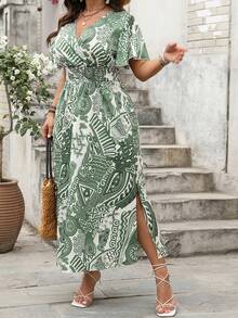 Women's Plus Size Dresses Stylish Unique Print Side Slit V Neck Short Sleeve A-Line Dress For Spring Summer - Green - View 3