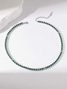 1pc Vintage Charm Elegant Versatile Sparkling Cubic Zirconia Geometric Brass Necklace Choker For Women And Girls, Daily Wear, Teacher's Day, Mother's Day, Valentine's Day, Goddess Day, Thanksgiving, New Year Gift - Dark Green - View 16