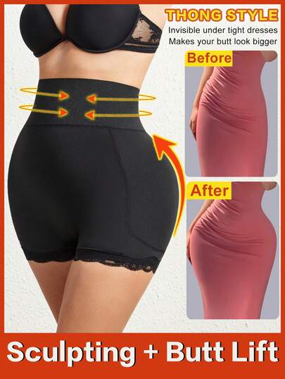 Women Lace Trim Shapewear Booty Enhancer Padded Booty Shorts, High Waist Tummy Control Seamless Underwear With Removable Foam Pad, Slimming Body Shaper For Summer